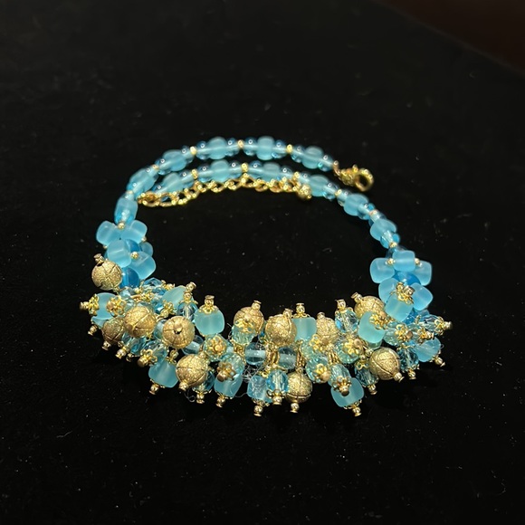 #19 Vintage Blue & Gold Choker Necklace Assorted Beads w Gold Accent - Picture 2 of 8